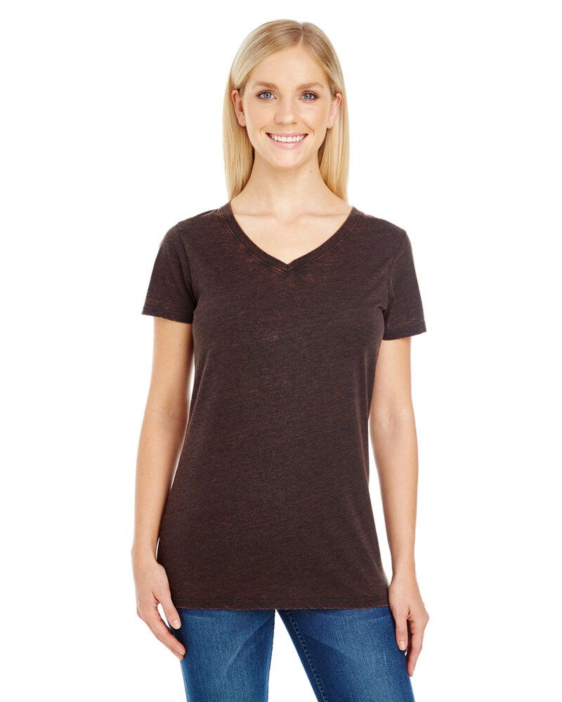 Threadfast 215B - T-shirt col V à manches courtes en teinture croisée pour femmes