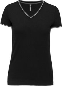 Kariban K394 - Dames-t-shirt piqué V-hals Zwart/ Lichtgrijs/Wit