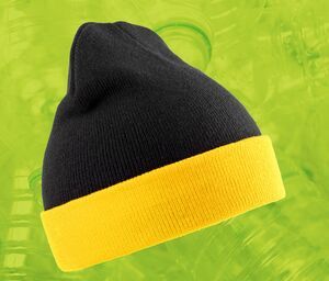Result RC930X - Recycled acrylic beanie with contrast flap Black / Yellow