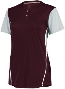 Russell 7R6X2X - Ladies Performance Two Button Color Block Jersey Maroon/Baseball Grey