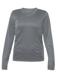 Blank Activewear L635 - Women's Long Sleeve V-Neck T-hirt, 100% Polyester Interlock, Dry Fit Dark Grey