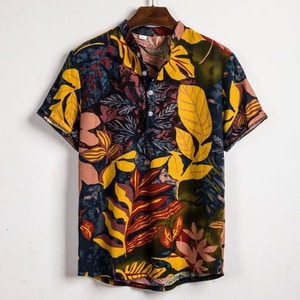 Needen PL9 - Short-sleeved shirt with mao collar and tropical print
