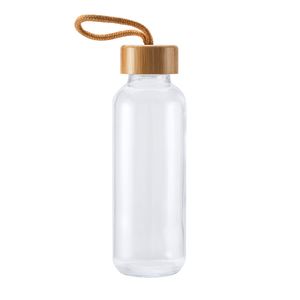 EgotierPro MD4020 - TRILBY Szklana butelka o pojemności 450 ml z charakterystycznym bambusowym korkiem i paskiem do przenoszenia w naturalnym wykończeniu