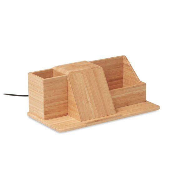 GiftRetail MO6345 - GROOVY Eco-Friendly Bamboo Wireless Charging Desk Organizer