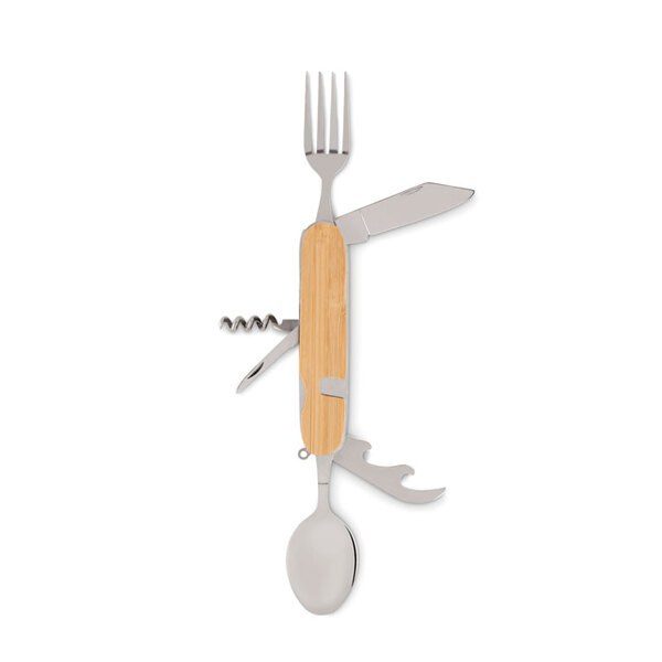 GiftRetail MO6473 - SUBETE 5-in-1 Folding Camping Cutlery Set with Wooden Case