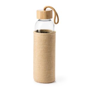 EgotierPro BI4137 - SIBU Szklana butelka z woreczkiem wykonanym ze sztucznej juty i bambusową nakrętką z praktycznym uchwytem do przenoszenia