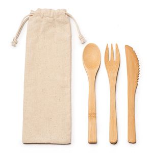 EgotierPro CU4117 - COLMER Bamboo cutlery set in a natural cotton drawstring pouch