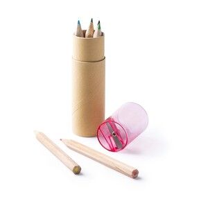 EgotierPro LA8089 - MABEL Set di 6 matite di legno in una scatola di cartone riciclato con cappuccio colorato traslucido
